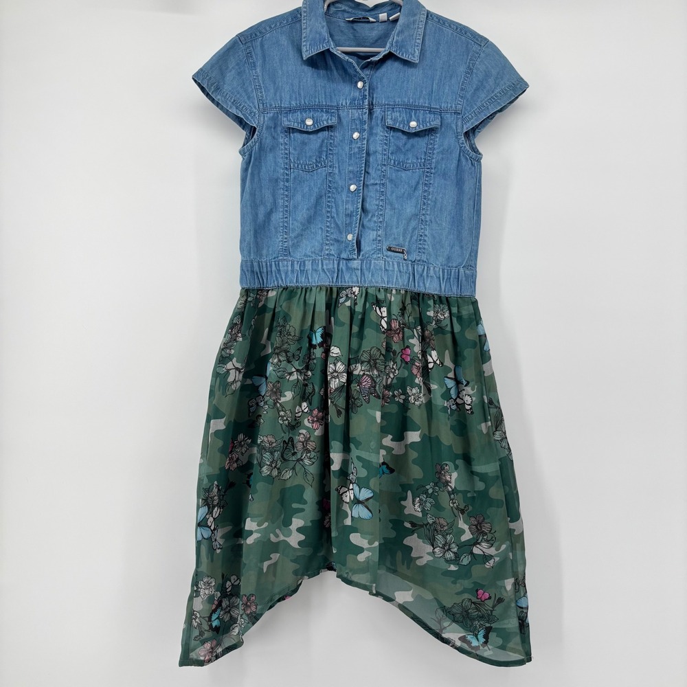 Guess‎ Kids Girls Denim Camo Butterfly Handkerchief Hem Dress Blue Green Size 10